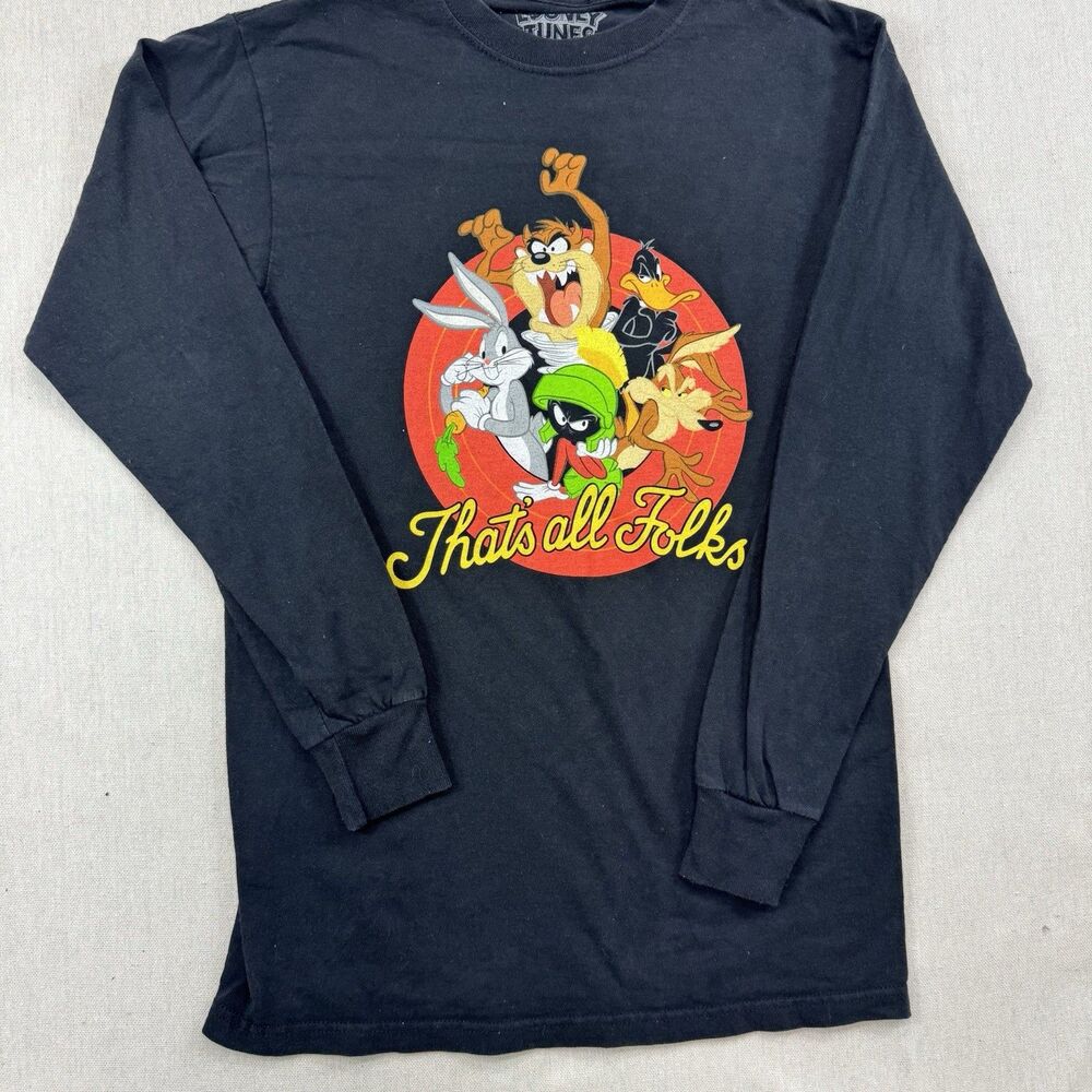 Looney Tunes Thats All Folks Vintage Black Mens Long Sleeve T-Shirt Small